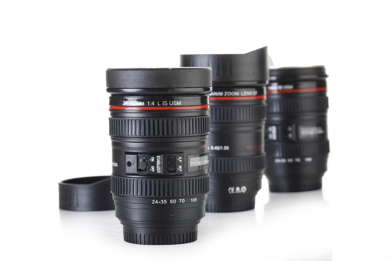 Camera Lens Shaped Coffee Mug Flask with Lid | Unique Drinkware for Photography Lovers
