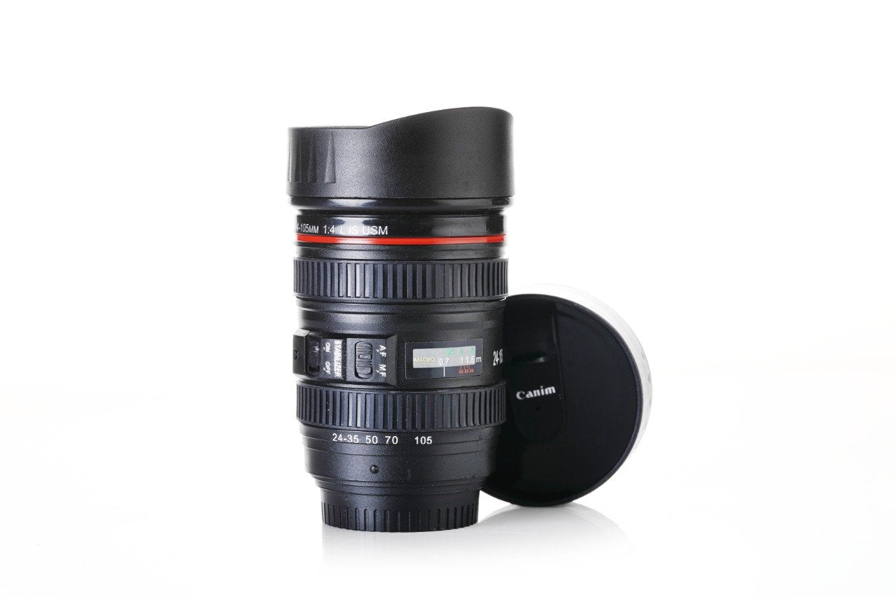 Camera Lens Shaped Coffee Mug Flask with Lid | Unique Drinkware for Photography Lovers