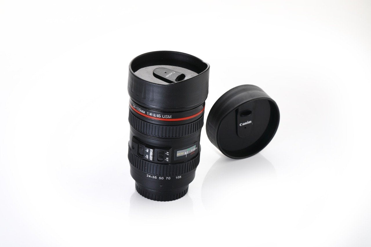 Camera Lens Shaped Coffee Mug Flask with Lid | Unique Drinkware for Photography Lovers