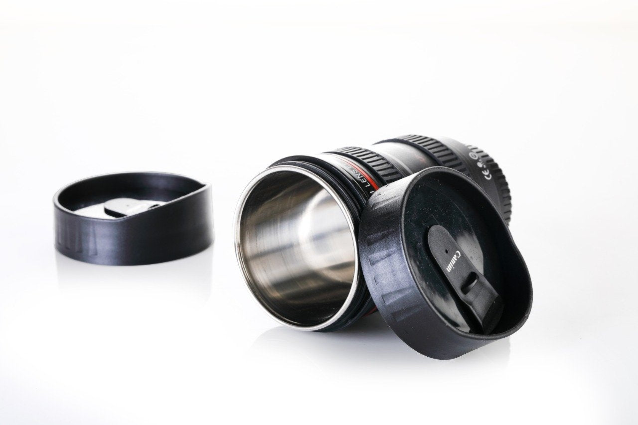 Camera Lens Shaped Coffee Mug Flask with Lid | Unique Drinkware for Photography Lovers