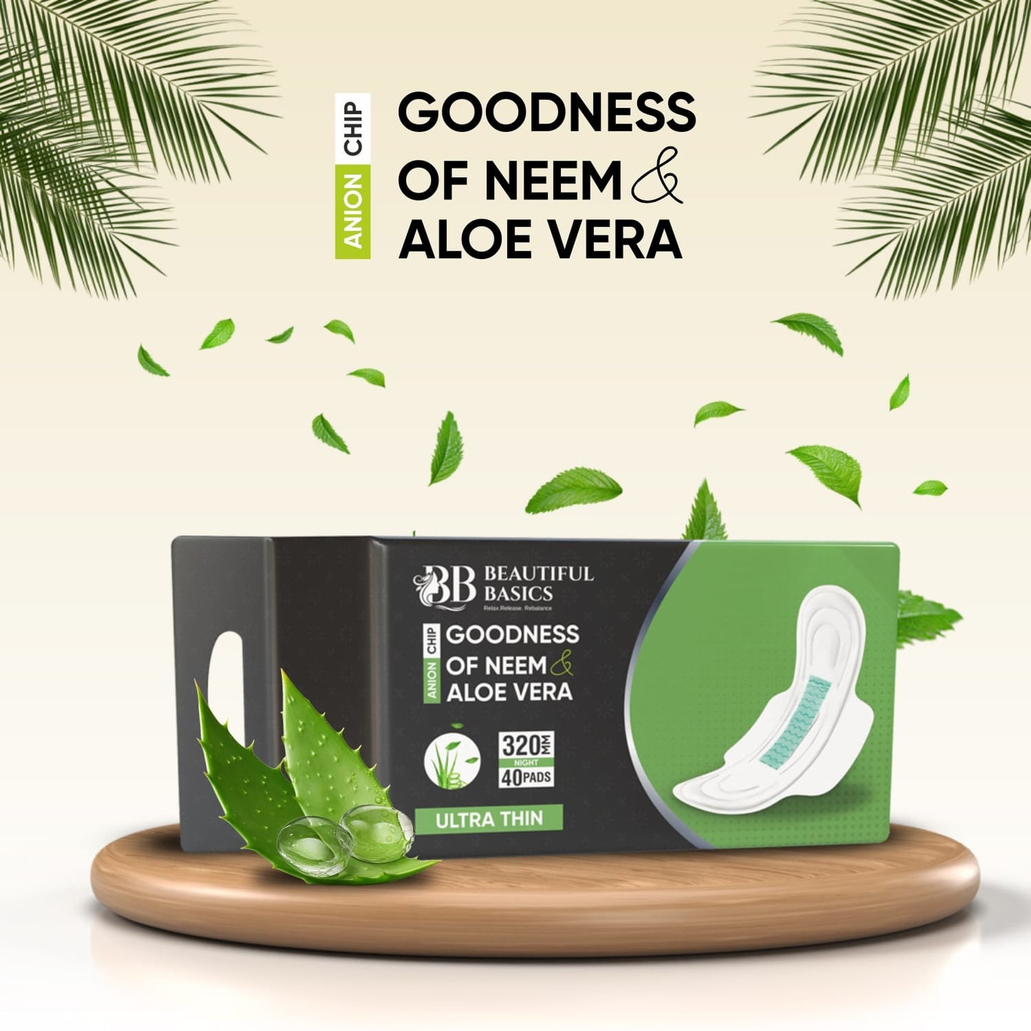 Neem & Aloe Vera Sanitary Pads – Ultra-Thin, 320mm with Anion Chip, 5X Absorbency – 36 Pads