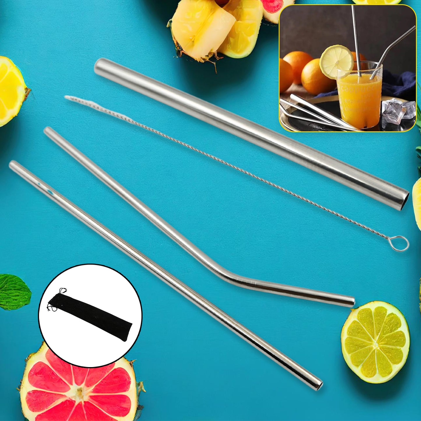 Reusable Stainless Steel Straws Set – 4 PCS Metal Drinking Straws with Travel Case & Cleaning Brush (Eco-Friendly)