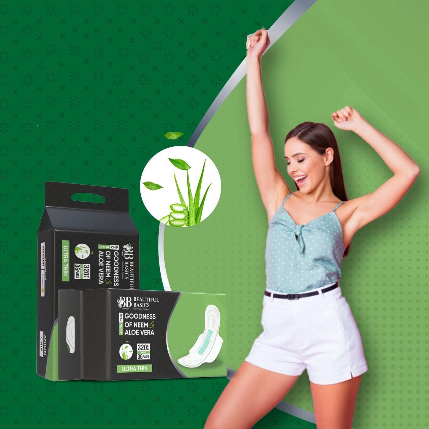 Neem & Aloe Vera Sanitary Pads – Ultra-Thin, 320mm with Anion Chip, 5X Absorbency – 36 Pads