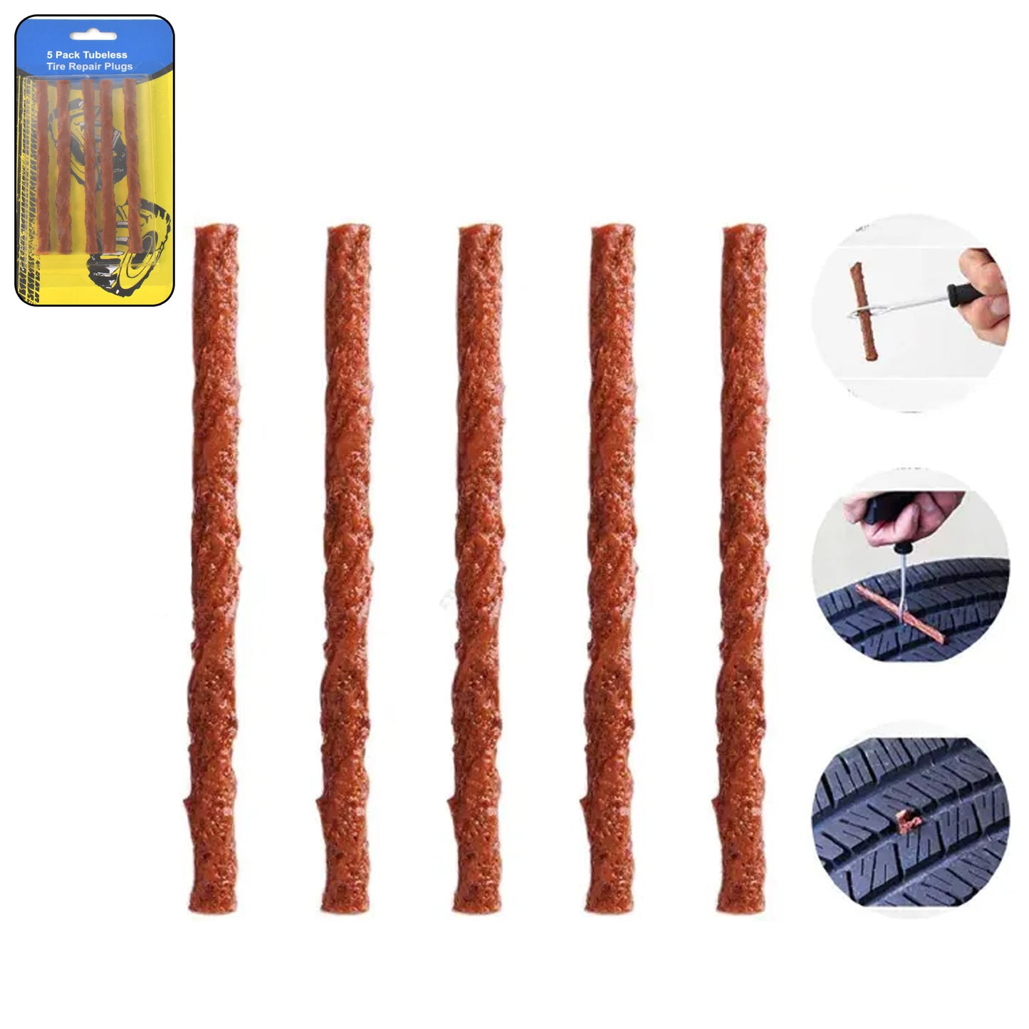 Brown Tyre Puncture Seal Strips – 5 PCS Emergency Tubeless Repair Plugs 🛞🟤🛠️