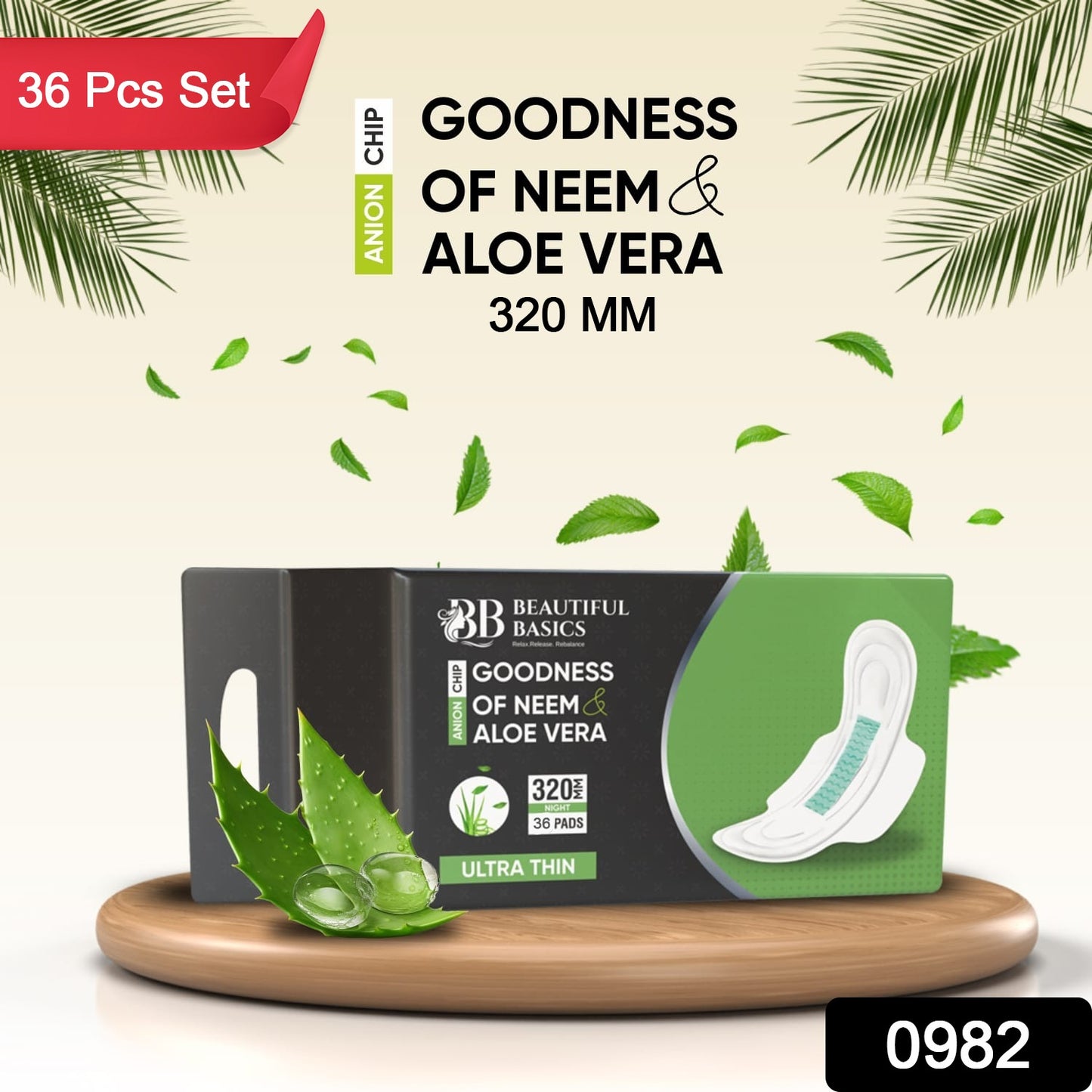 Neem & Aloe Vera Sanitary Pads – Ultra-Thin, 320mm with Anion Chip, 5X Absorbency – 36 Pads