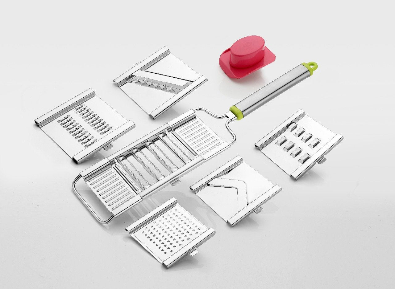 6-in-1 Stainless Steel Kitchen Chopper, Cutter, Slicer & Grater with Handle