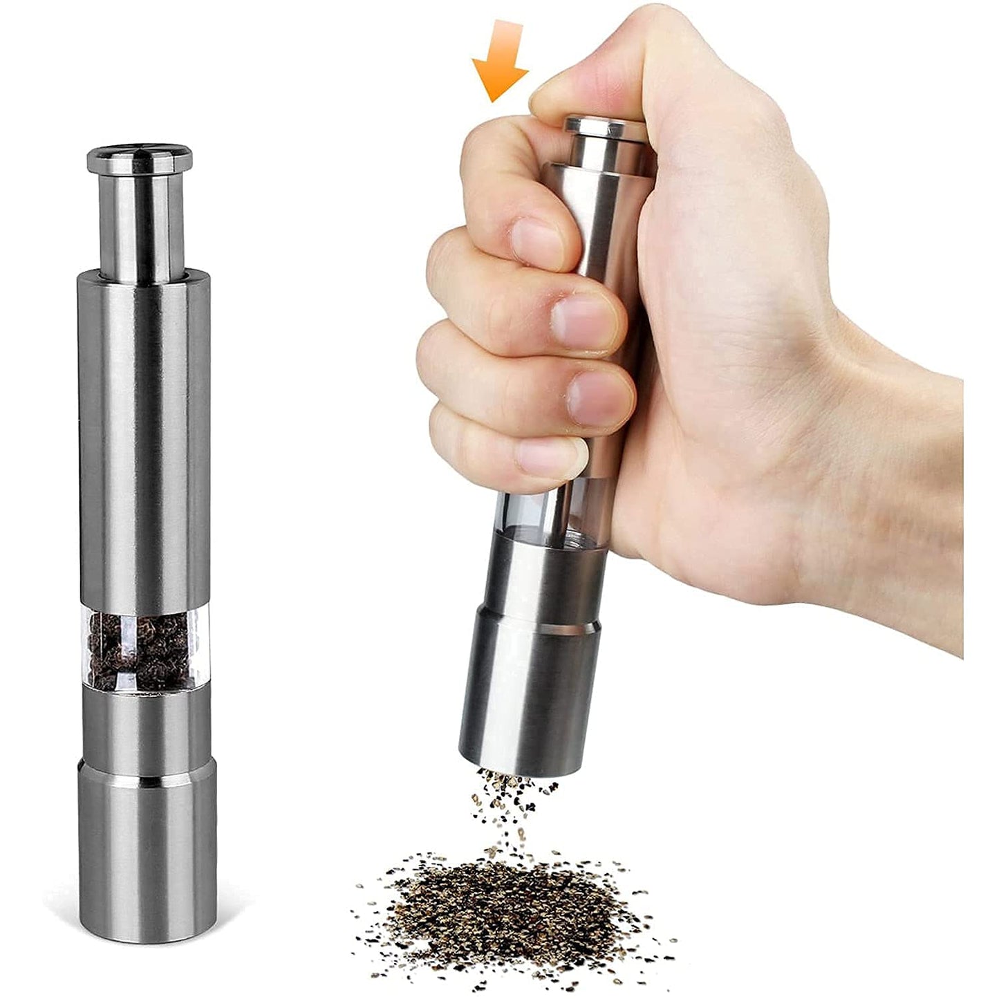 Stainless Steel Thumb Presser Salt & Pepper Grinder ā One-Handed Spice Mill