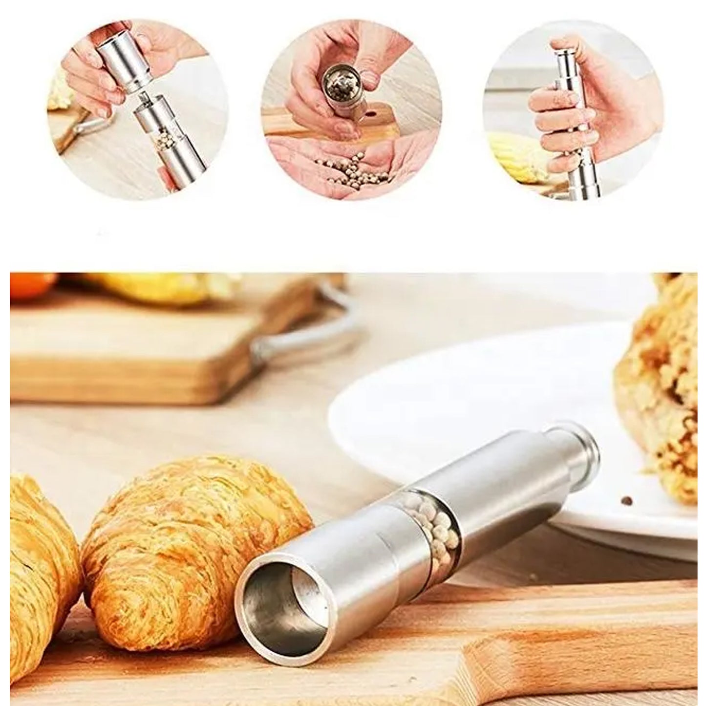 Stainless Steel Thumb Presser Salt & Pepper Grinder ā One-Handed Spice Mill