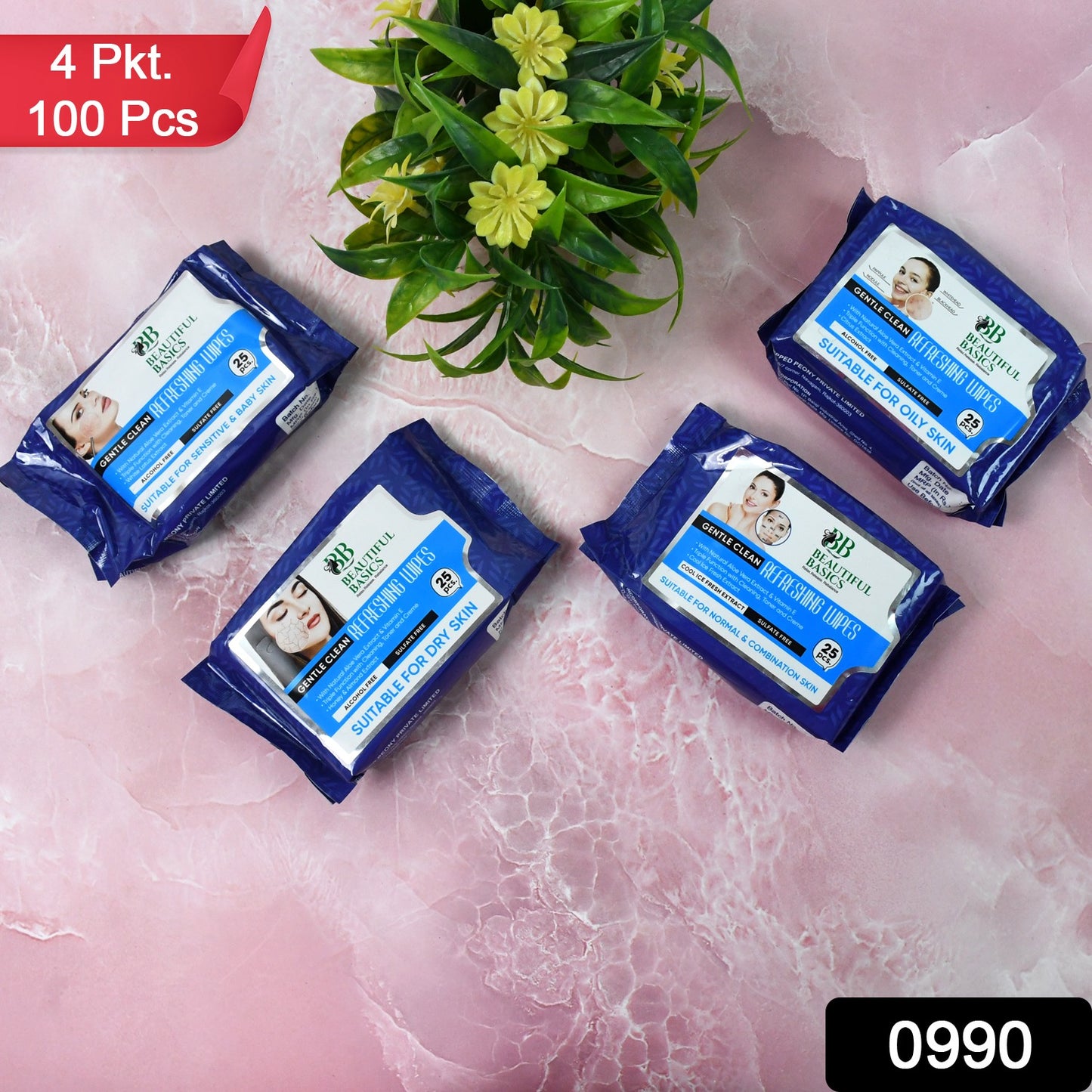 Beautiful Basics Dry Oily Sensitive Normal Skin Face Wipes (4 Pkts X 100 Pcs Wipes)