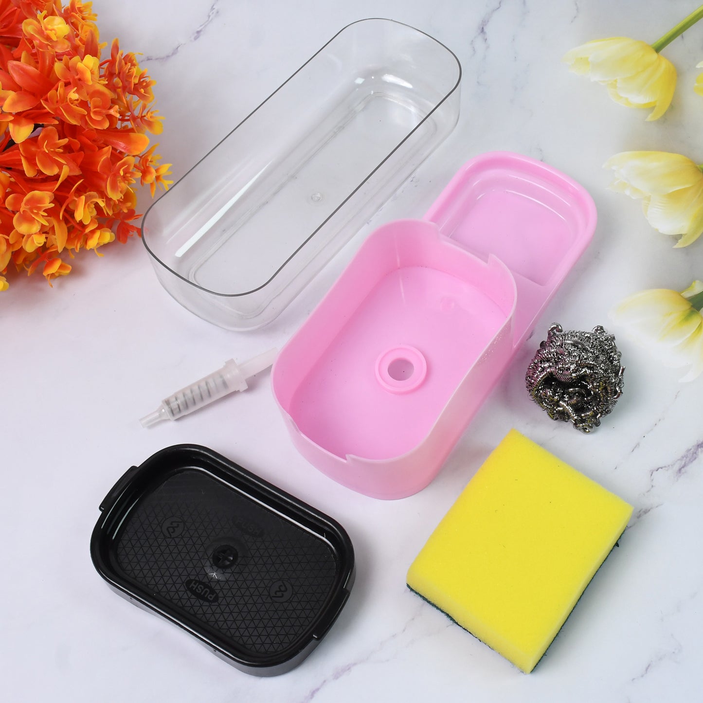 🧽 2-in-1 Dish Soap Dispenser with Sponge Holder – Plastic (1 Set)