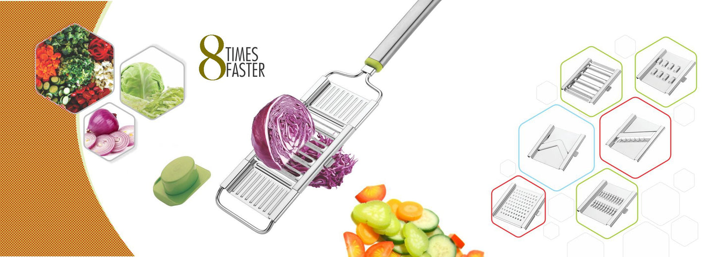 6-in-1 Stainless Steel Kitchen Chopper, Cutter, Slicer & Grater with Handle