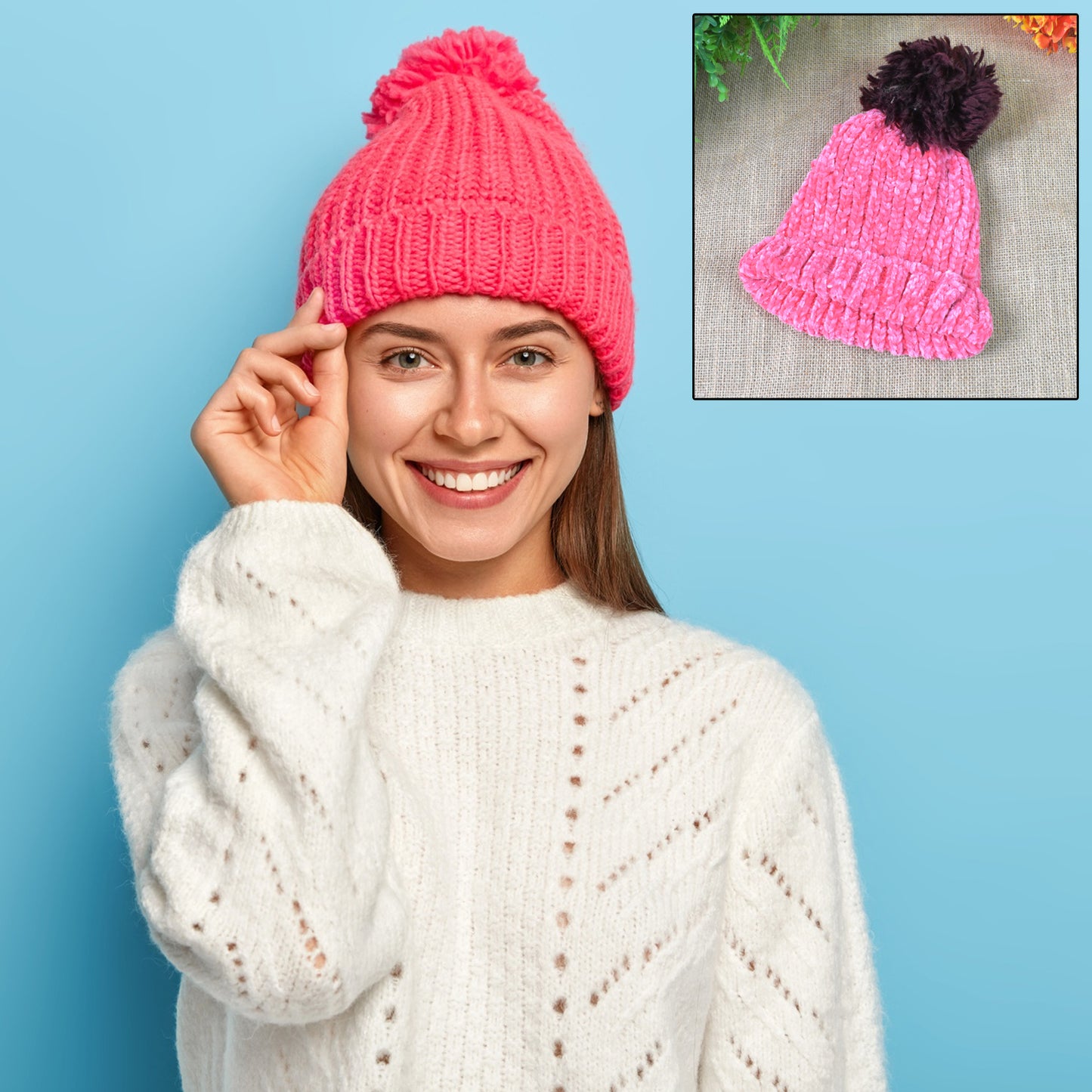 Soft Winter Cap Woolen Inside Fur Beanie Cap (1 Pc Mix Design Color)