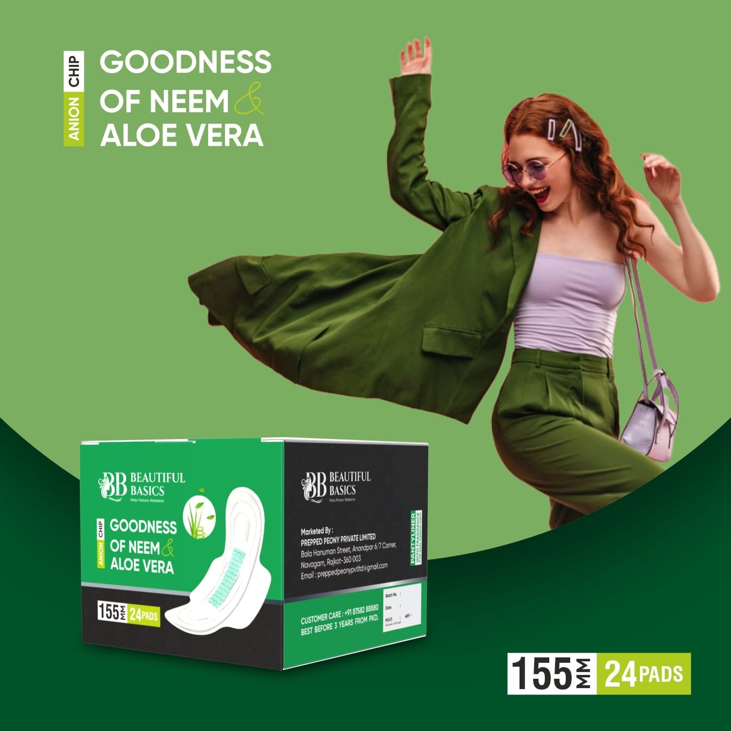 Ultra-Thin Sanitary Pads with Neem & Aloe Vera – 24 Pads, 155mm, Leak-Proof & Antibacterial Protection