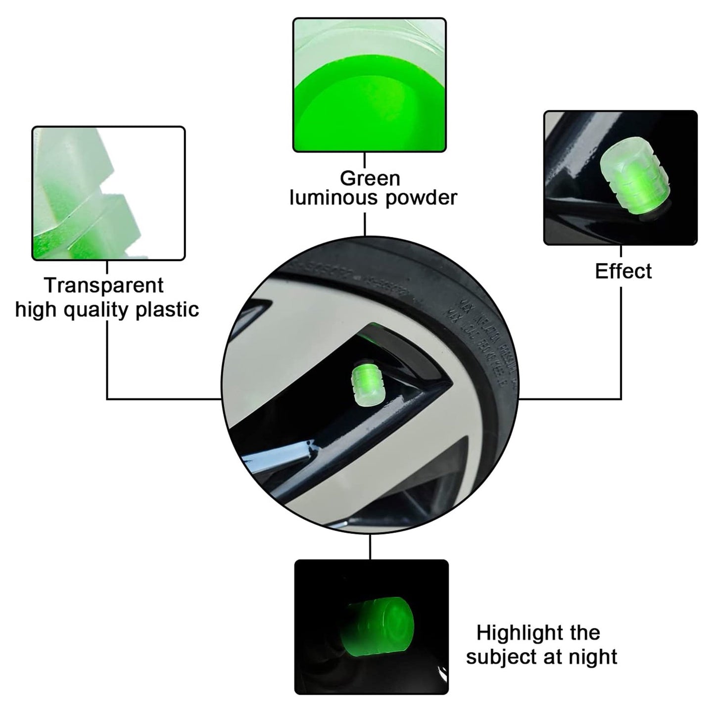 Luminous Tire Valve Caps β Glow-in-the-Dark Car Wheel Air Stem Covers (4 Pcs)