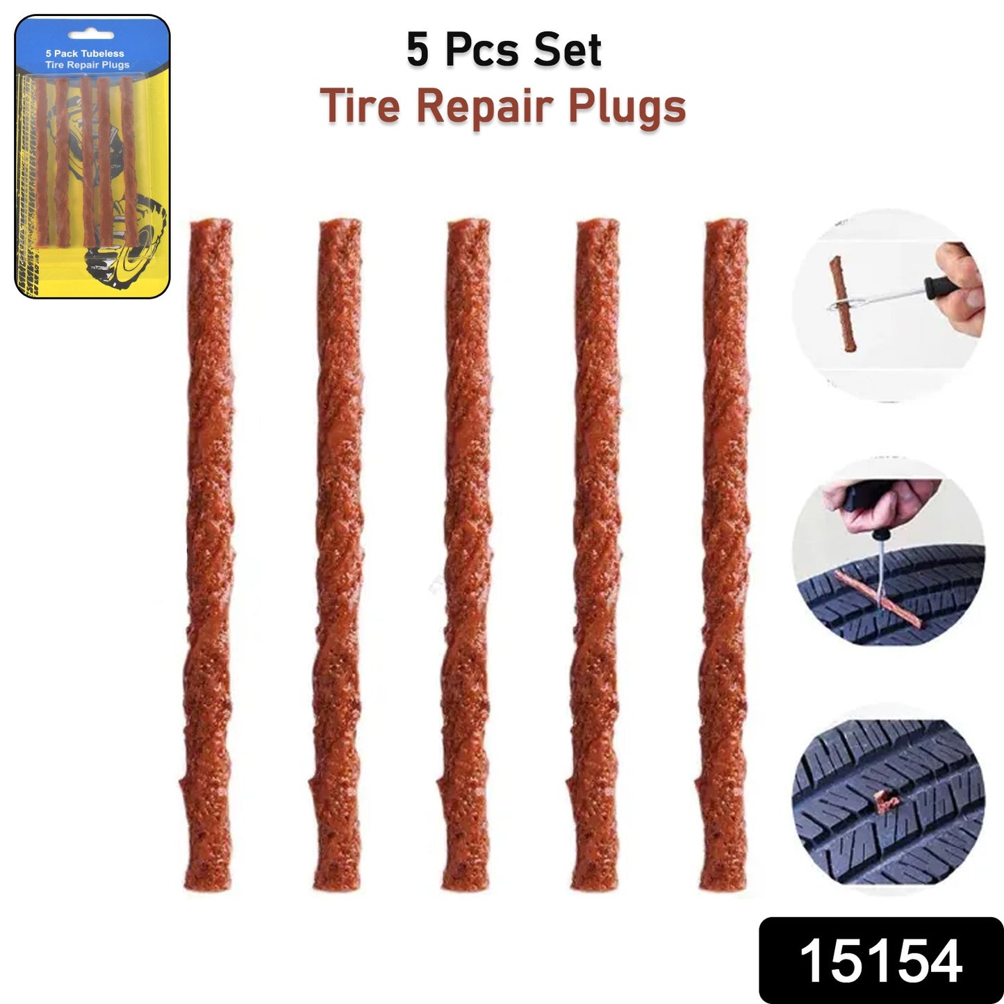 Brown Tyre Puncture Seal Strips – 5 PCS Emergency Tubeless Repair Plugs 🛞🟤🛠️