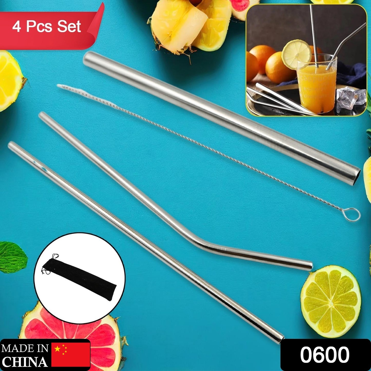 Reusable Stainless Steel Straws Set – 4 PCS Metal Drinking Straws with Travel Case & Cleaning Brush (Eco-Friendly)