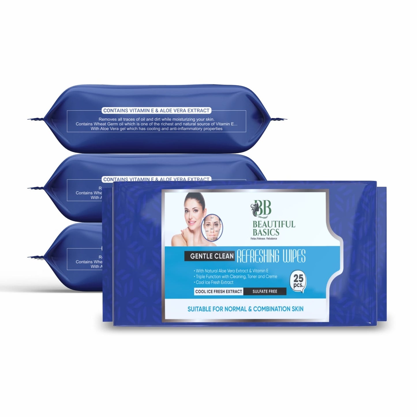 Beautiful Basics Dry Oily Sensitive Normal Skin Face Wipes (4 Pkts X 100 Pcs Wipes)
