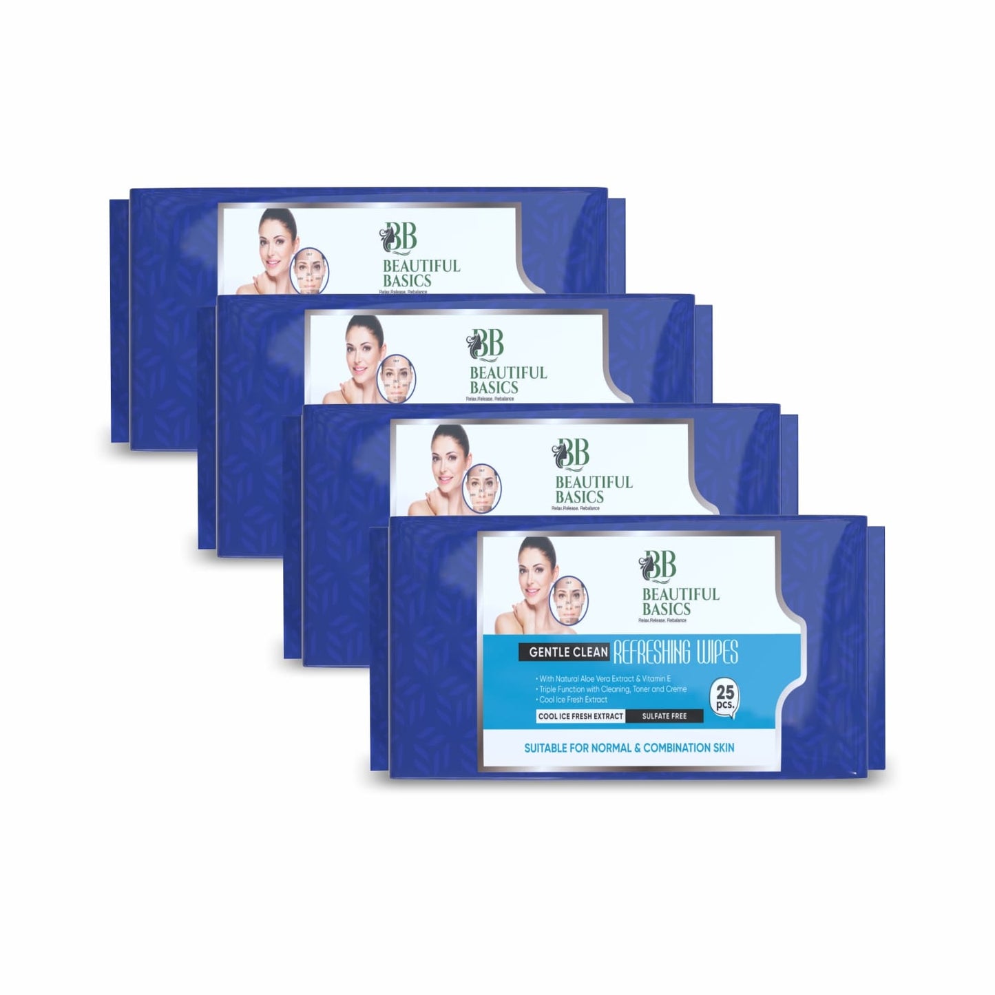 Beautiful Basics Dry Oily Sensitive Normal Skin Face Wipes (4 Pkts X 100 Pcs Wipes)
