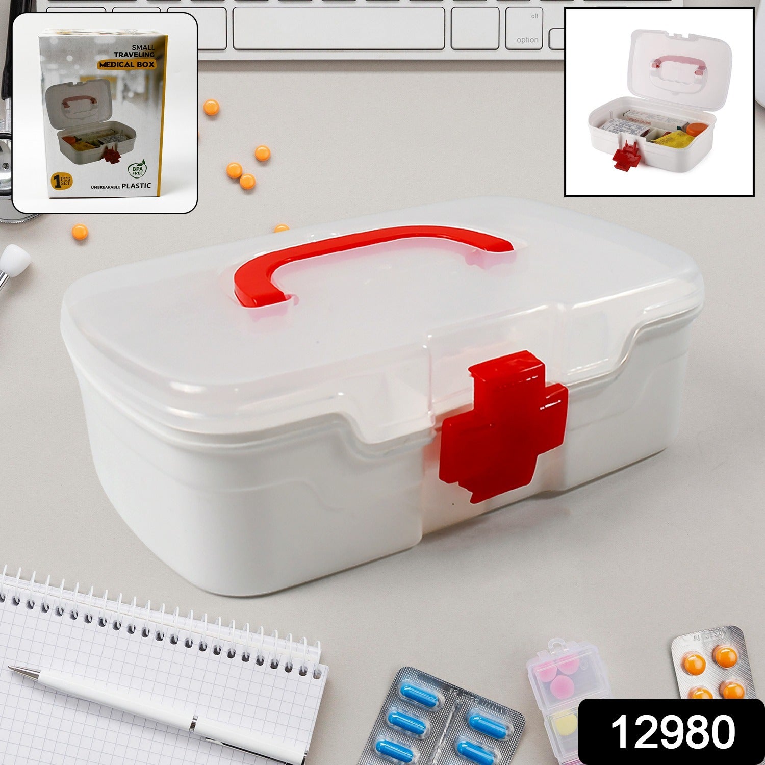 3-Compartment Medical Storage Box – First Aid Organizer with Handle & Detachable Tray
