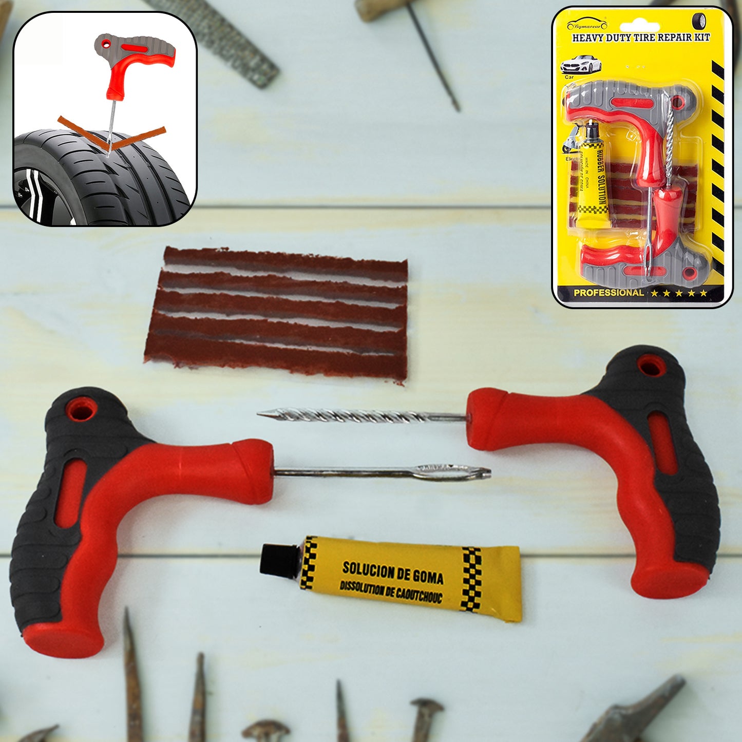 4-in-1 Universal Tubeless Tyre Puncture Repair Kit – Quick Flat Fix Tool Set for Cars & Bikes 🛞🔧🚗