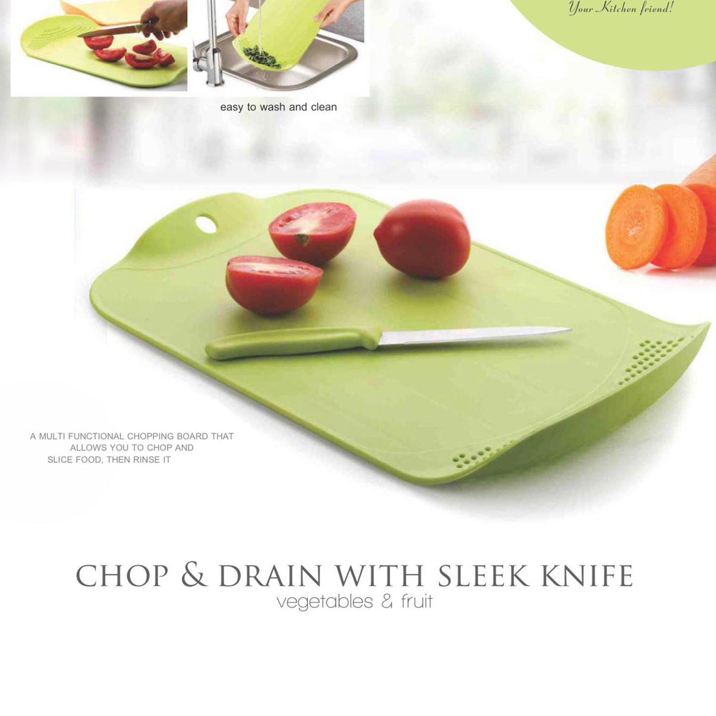 Chop & Drain Chopping Board with Sleek Knife – Multipurpose Kitchen Tool