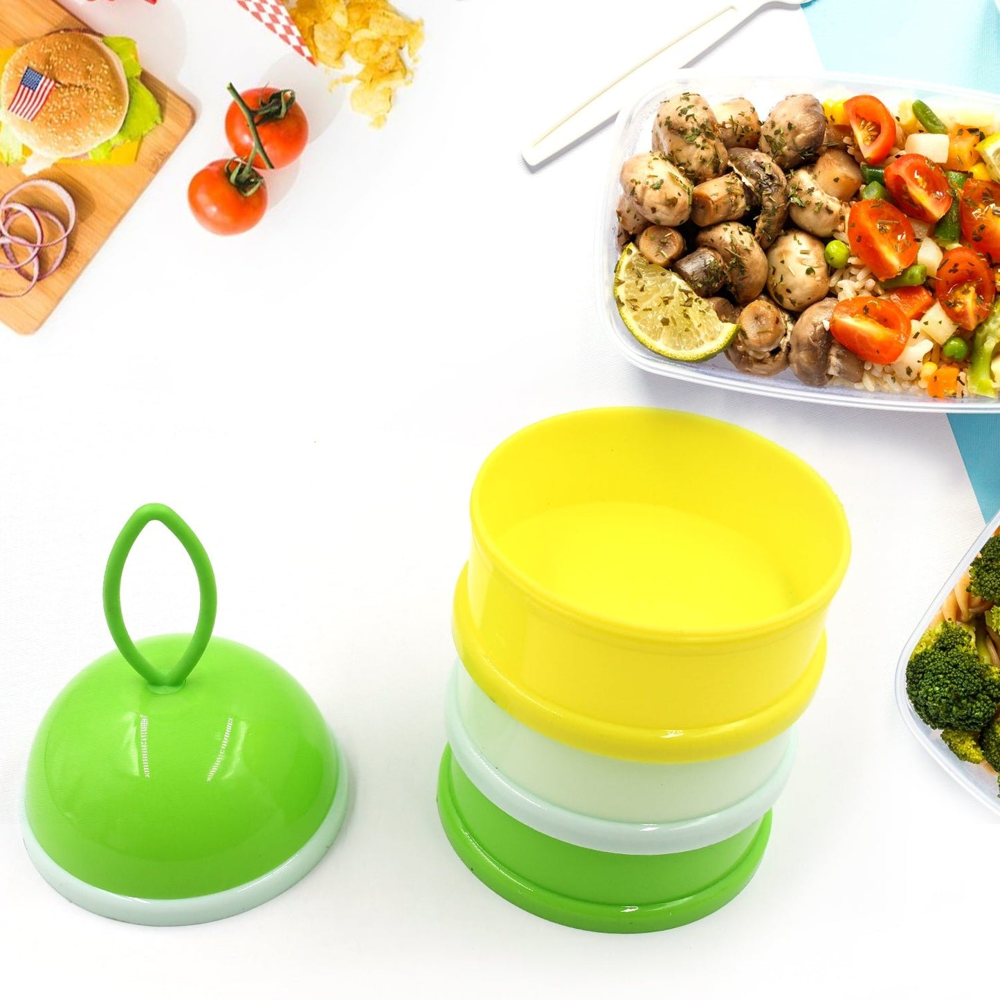 3 - Layer Lunch Box – Unique Design with Liquid Food Container (Green) - Chestore