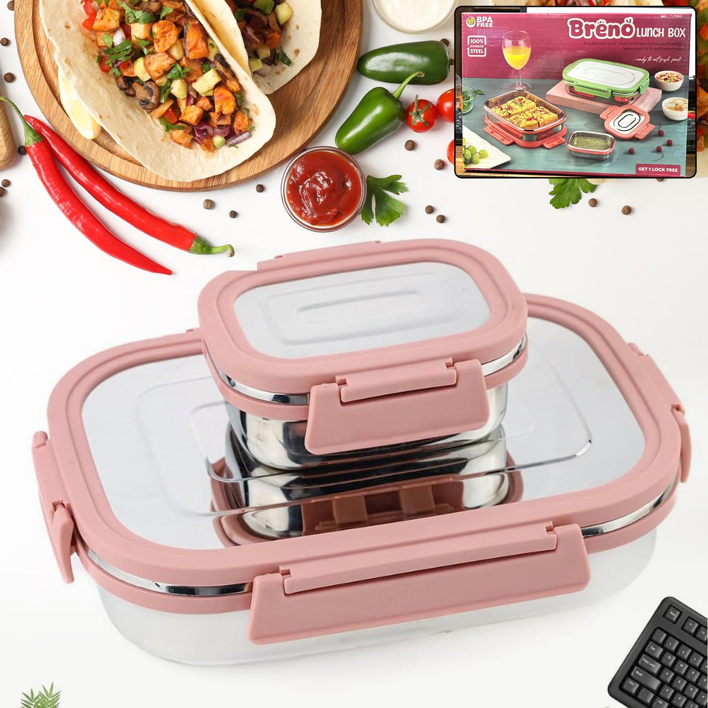 Premium Stainless Steel Leak-Proof Airtight Lunch Box Set – 900ml & 200ml (2 Pcs)