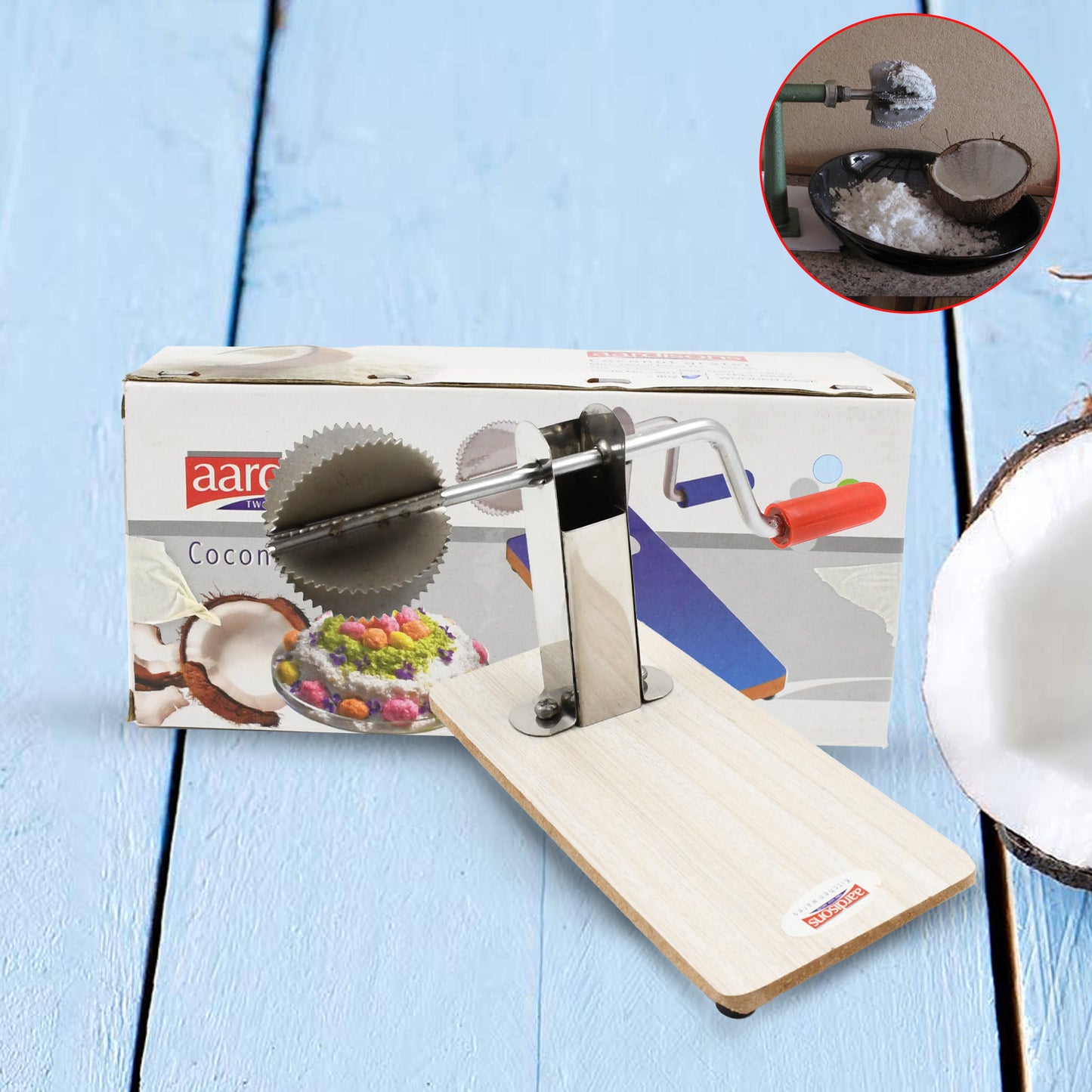 Stainless Steel Coconut Scraper with Wooden Base – Easy & Efficient