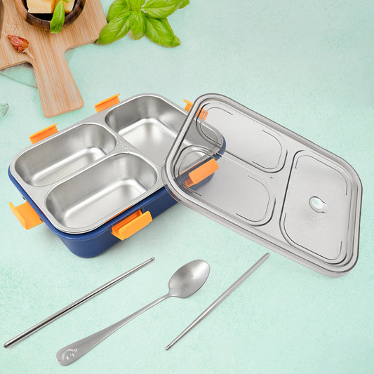 3-Compartment Stainless Steel Lunch Box – Leakproof Bento with Spoon & Chopsticks