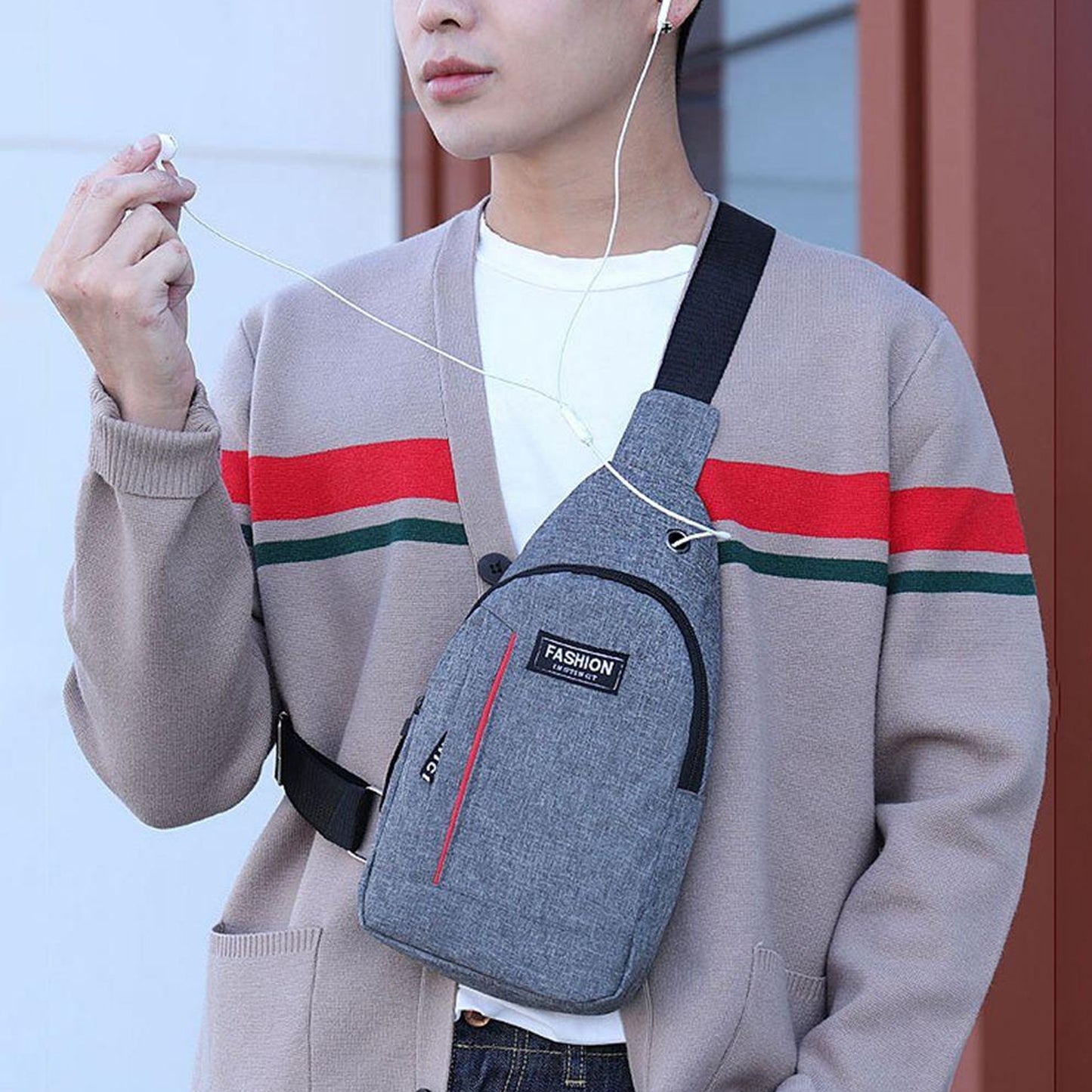 Grey Waterproof Anti-Theft Crossbody Fanny Pack Waist Bag – PU Leather, USB Charging, Earphone Hook, Casual Sling Messenger Bag for Men