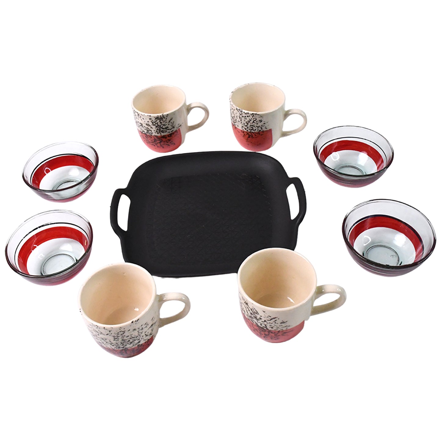 Healthy Choice Set of 4 Ceramic Cups & 4 Glass Bowls with Plastic Plate – 9-Piece Set