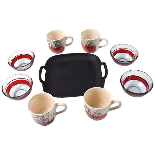 Healthy Choice Set of 4 Ceramic Cups & 4 Glass Bowls with Plastic Plate – 9-Piece Set