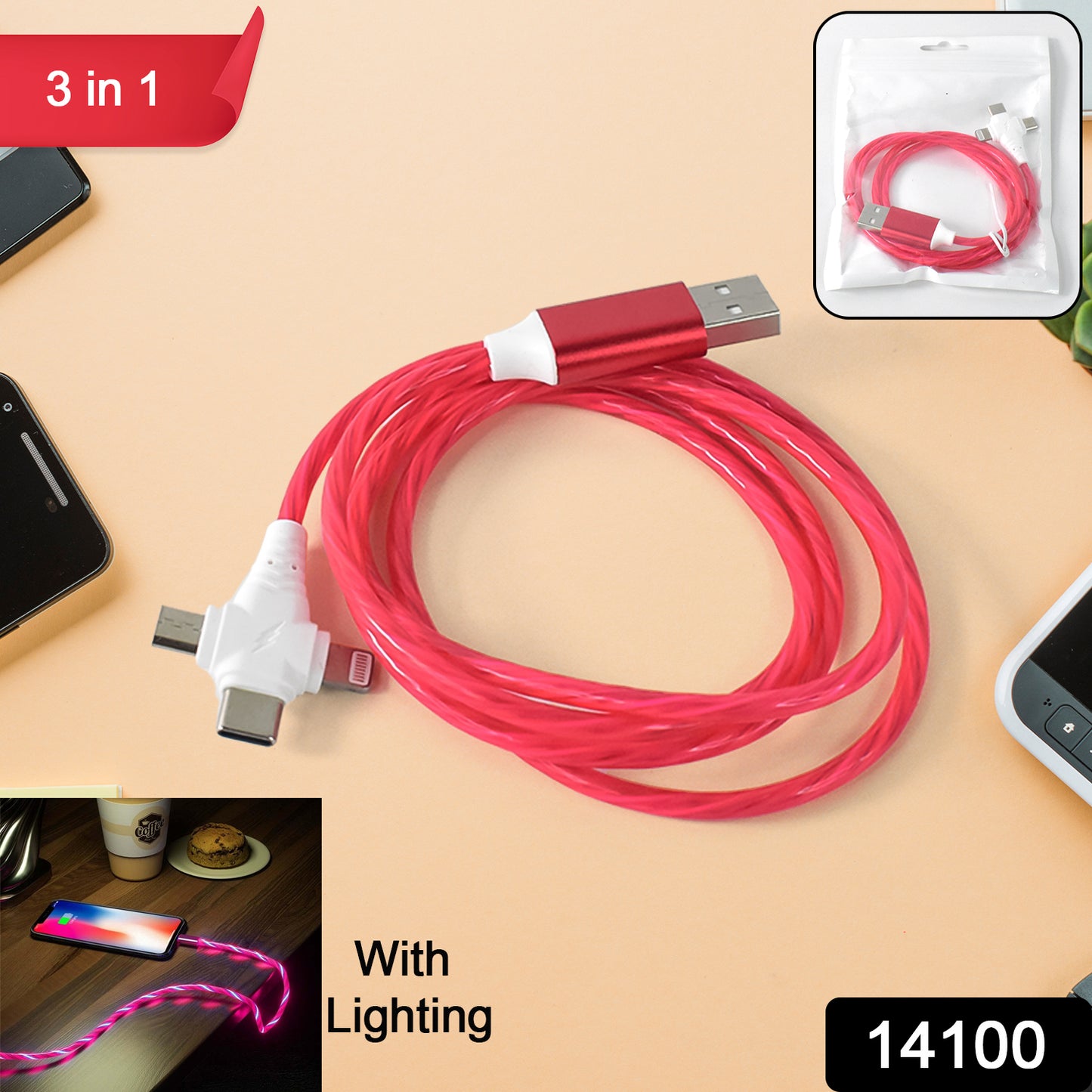 3-in-1 Charging Cable – Light Up Fast Charger for iPhone, Android & USB-C | 1 PC