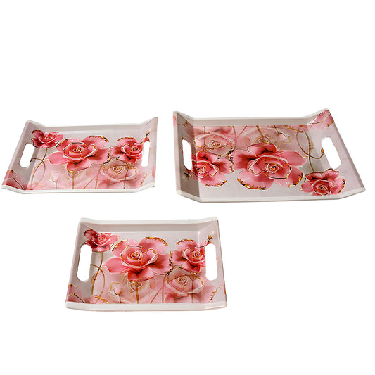 Plastic Rectangular Serving Tray Set (3 Pcs) – Elegant Floral Design