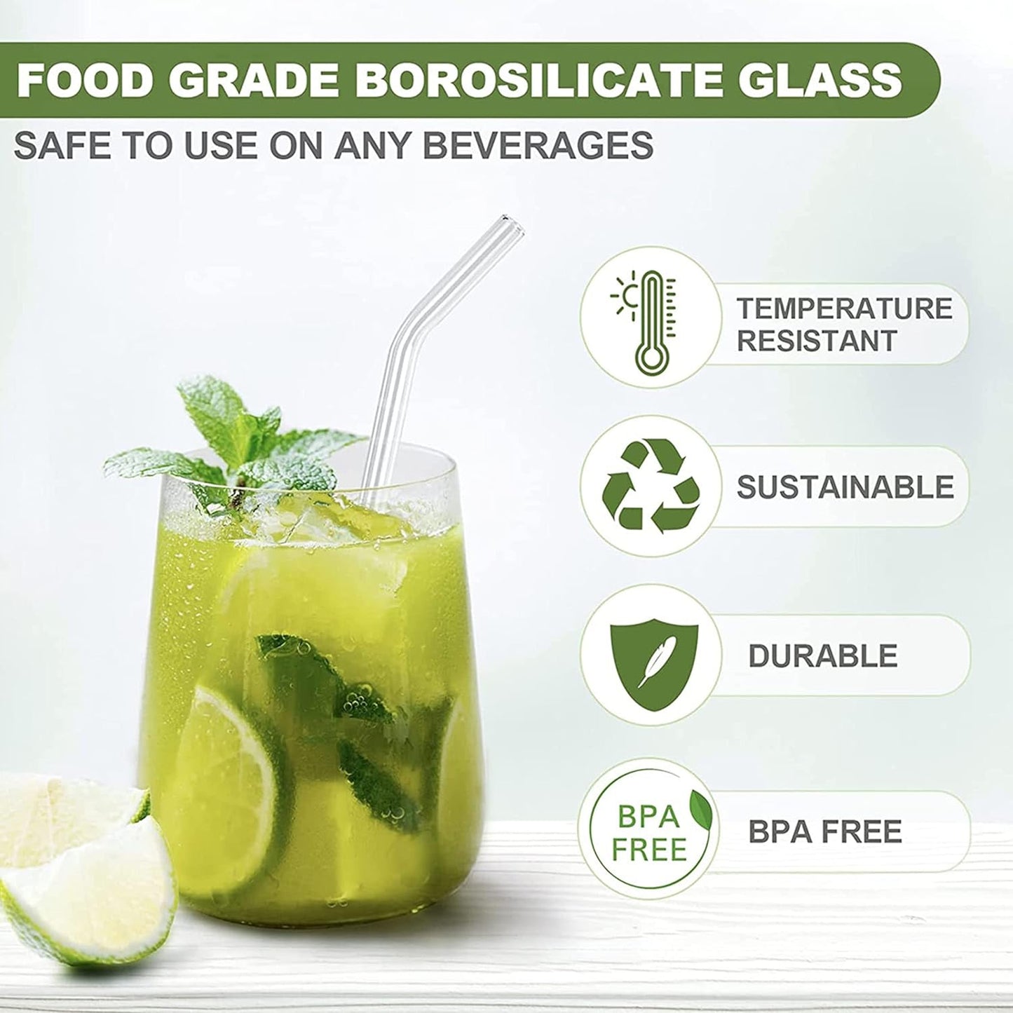 Reusable Glass Straws – Clear Glass Drinking Straw Set, 5 Pieces