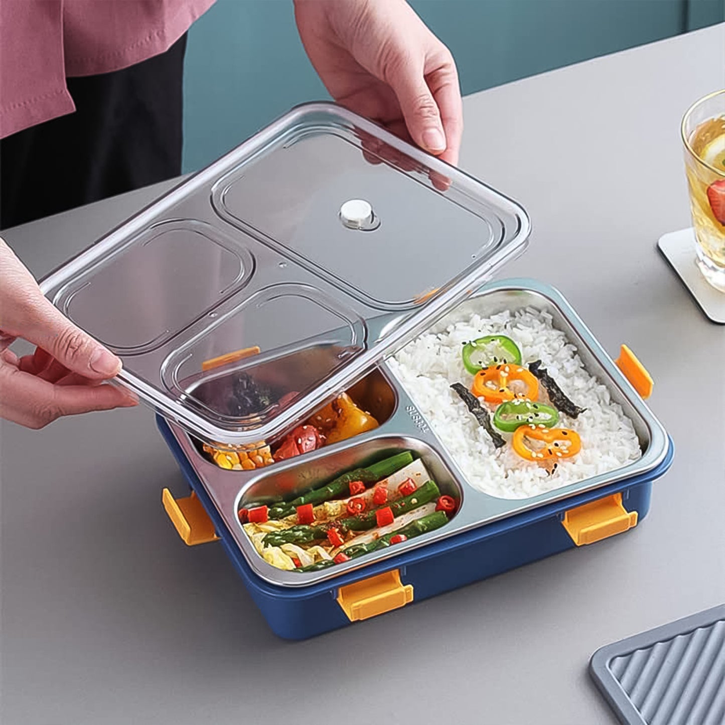 3-Compartment Stainless Steel Lunch Box – Leakproof Bento with Spoon & Chopsticks