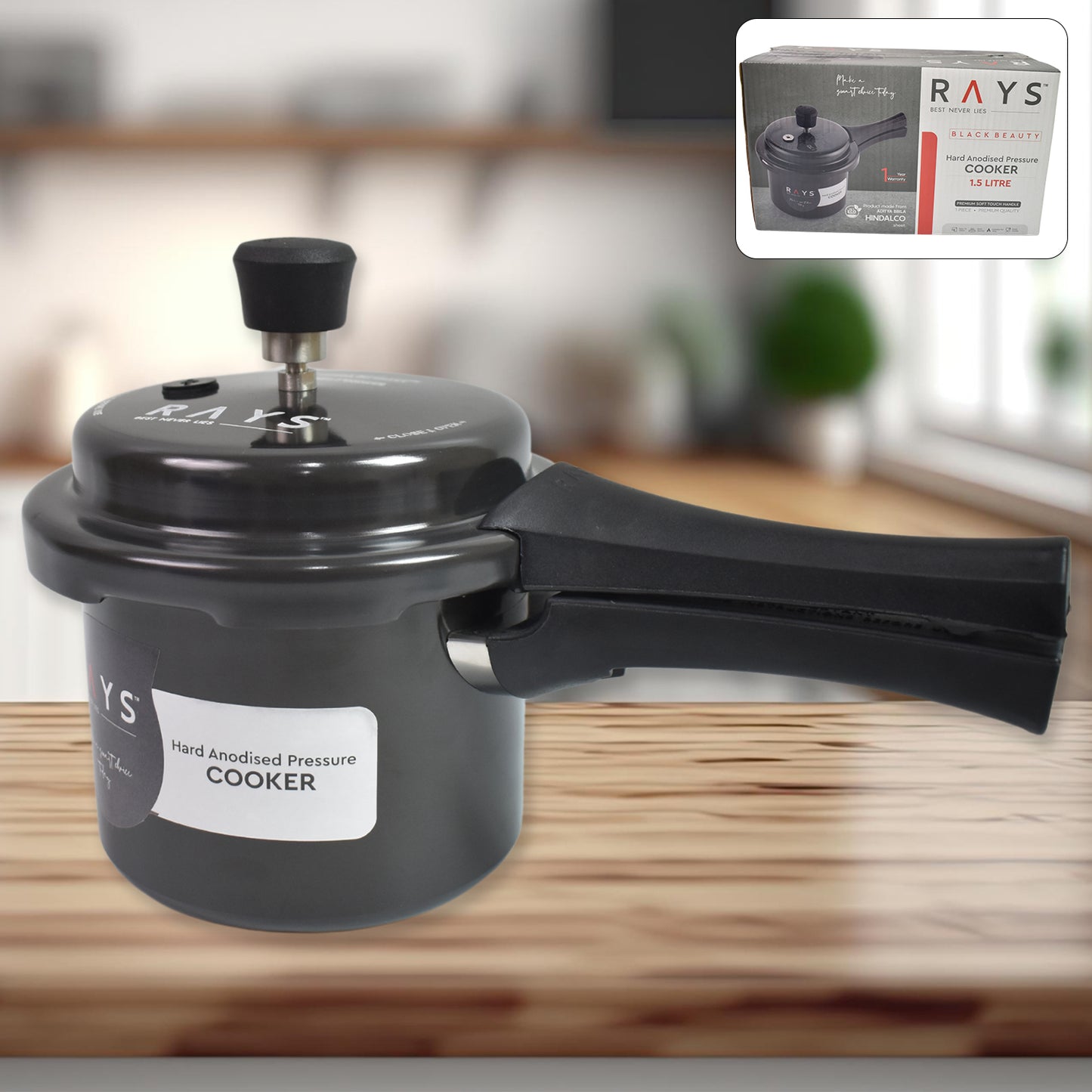 🖤 Aluminium Rays Black Beauty Pressure Cooker with Outer Lid – 1.5 Litres
