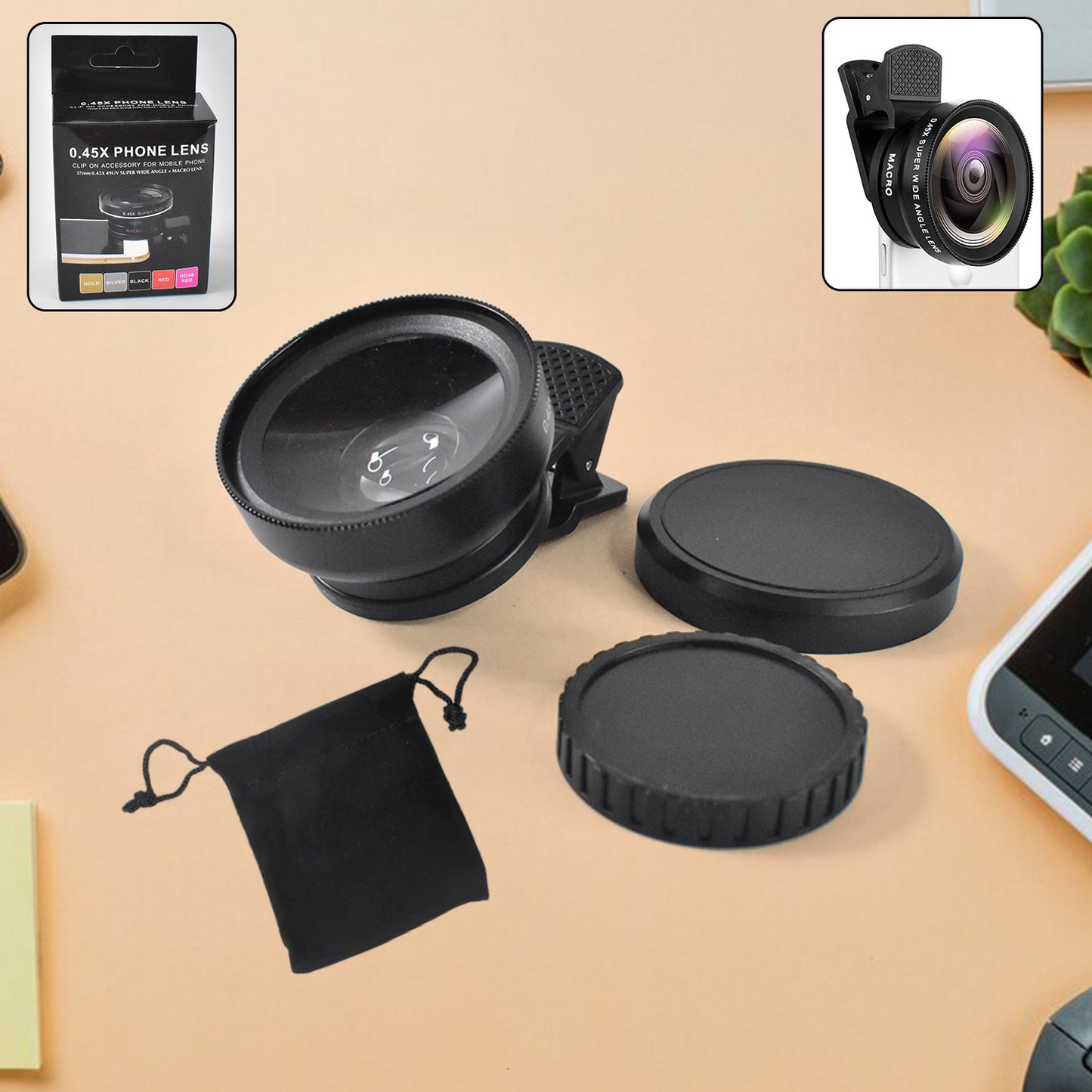 0.45X Wide Angle External Phone Camera Lens – Clip-On Smartphone Lens with Color Box