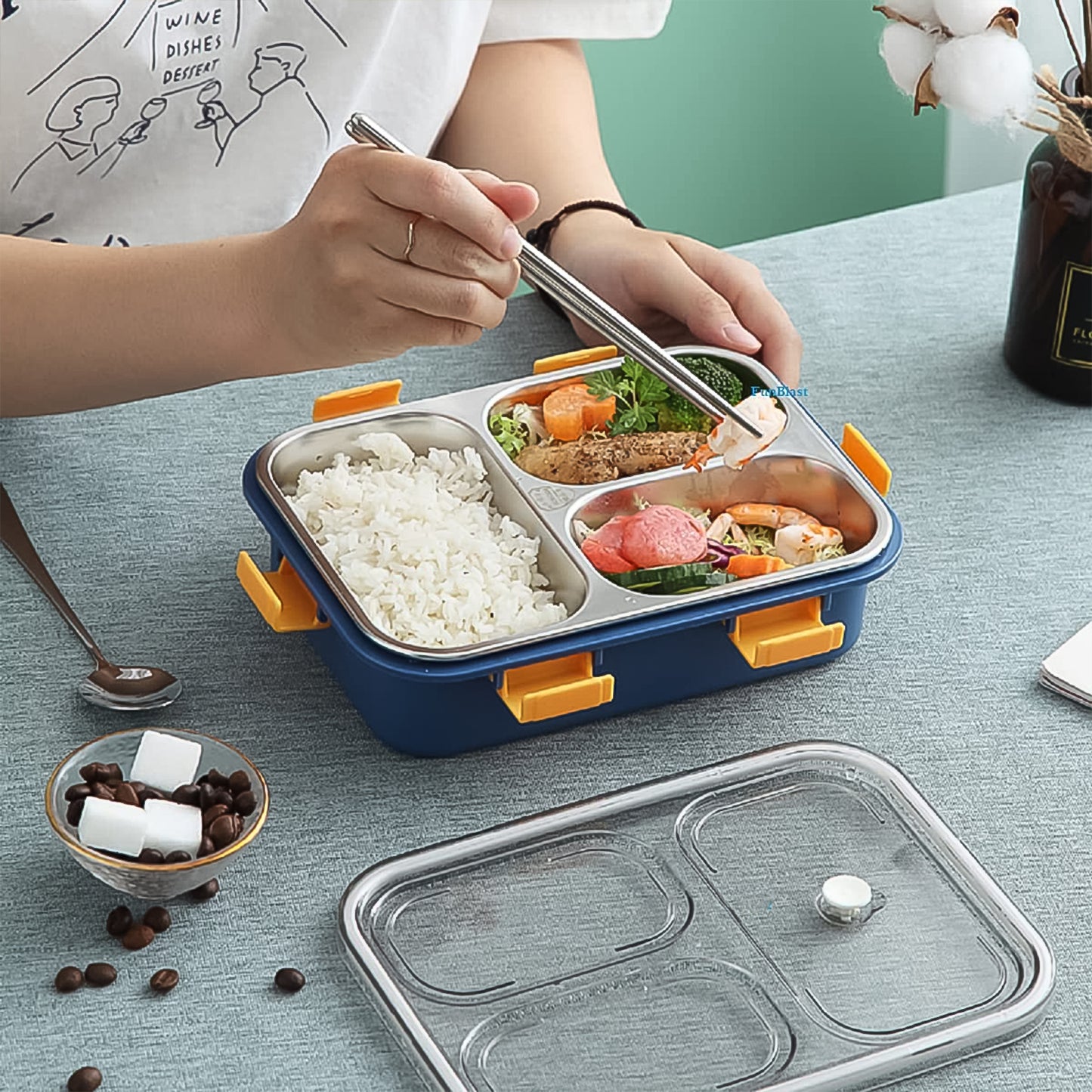 3-Compartment Stainless Steel Lunch Box – Leakproof Bento with Spoon & Chopsticks