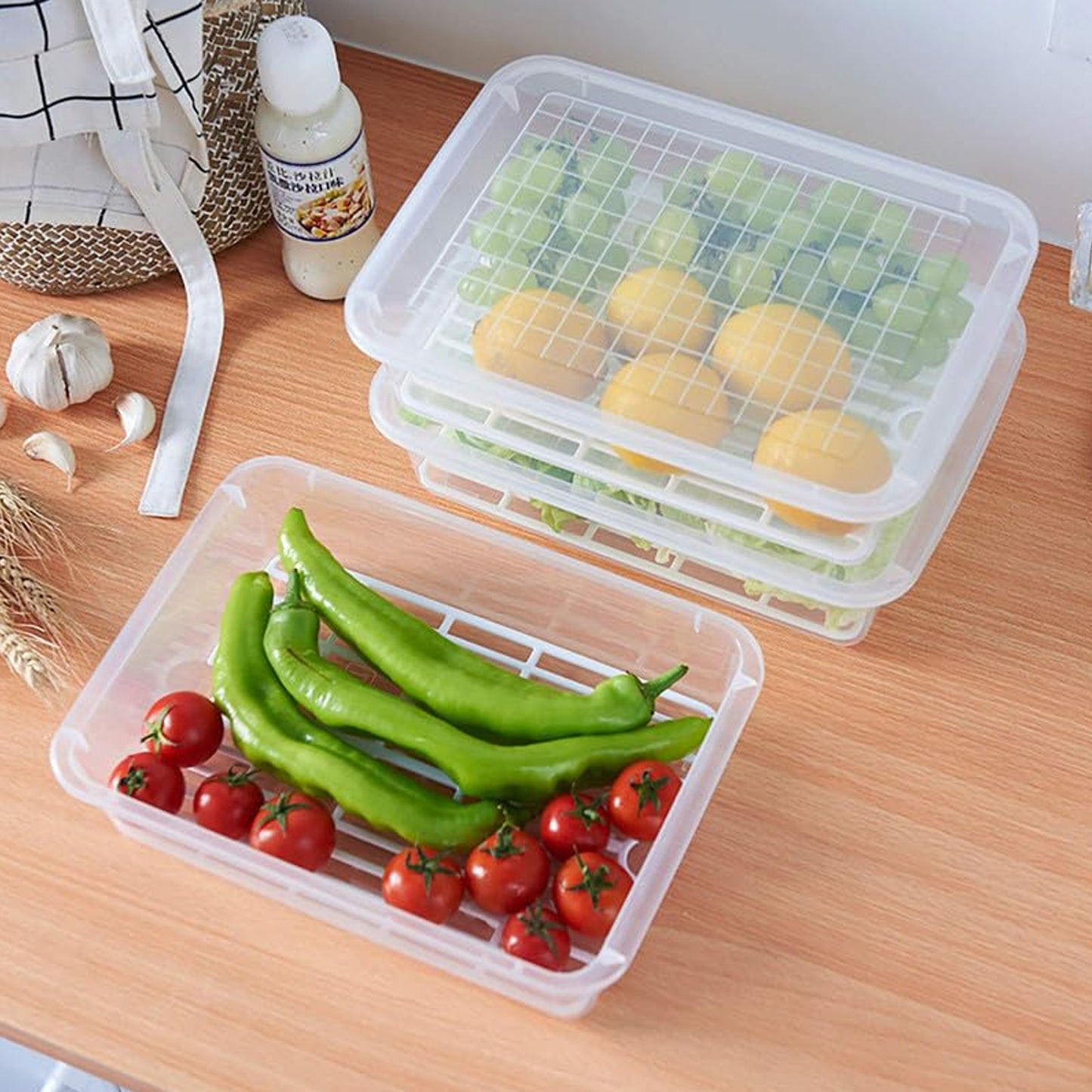 3-Piece Food Storage Containers with Drain Tray & Lid – Fresh & Organized 🍱✨
