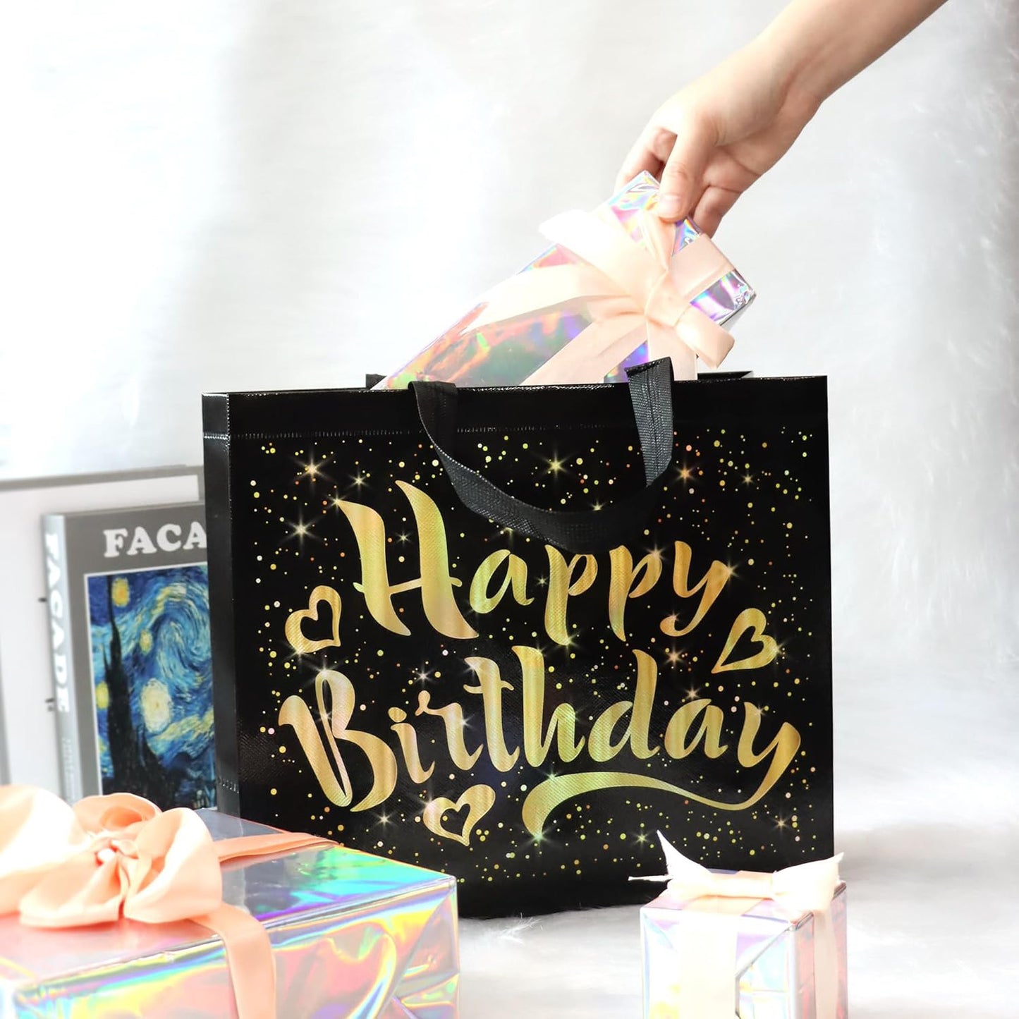 Birthday Gift Bag with Gold Shiny Stars – Reusable Party Gift Bag
