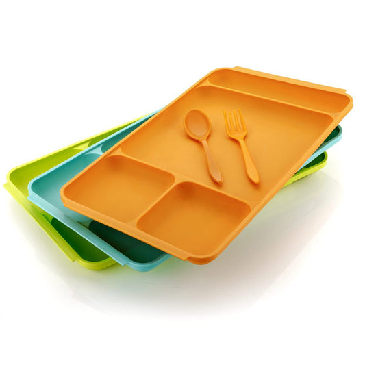 4-Compartment Plastic Food Plate with Spoon & Fork – Divided Dinner Plate for Meals