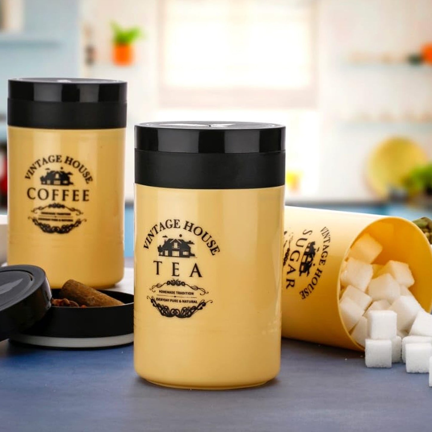 Airtight Tea, Sugar & Coffee Containers – 3 Pcs Set (Multicolor) - Chestore