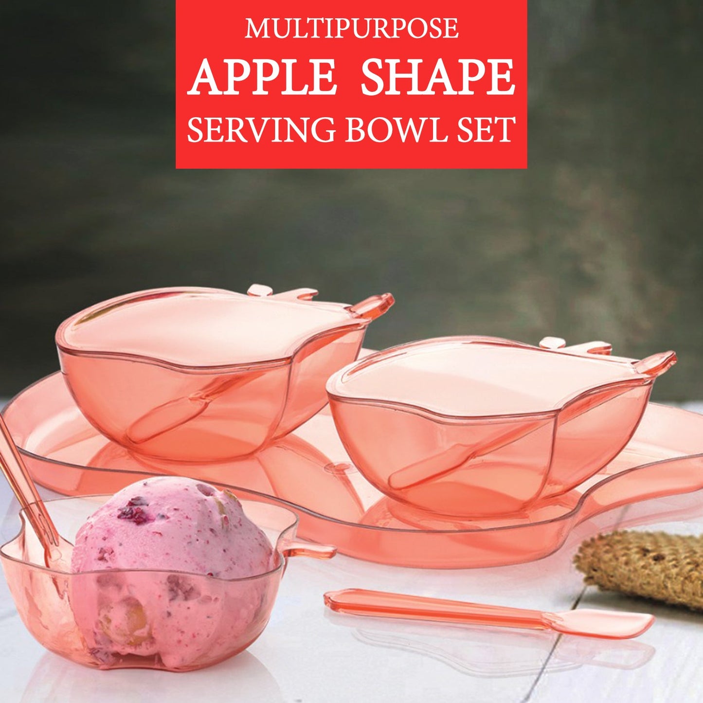 Apple Shape 2 - Piece Serving Bowl Set with Spoon & Tray – Dinnerware for Snacks & Pickles - Chestore