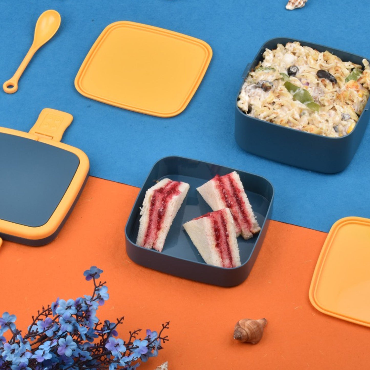 Blue Double - Layer Stackable Lunch Box with Handle & Spoon - Chestore