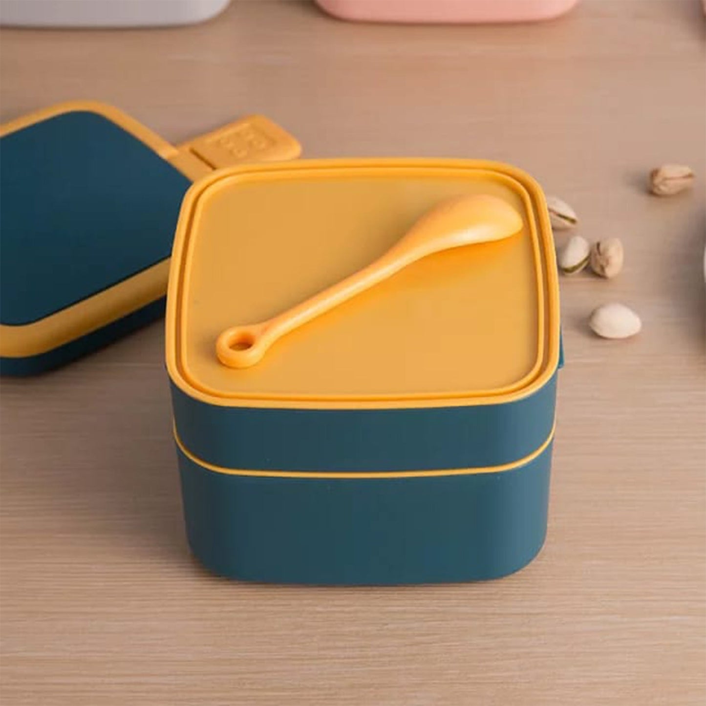 Blue Double - Layer Stackable Lunch Box with Handle & Spoon - Chestore