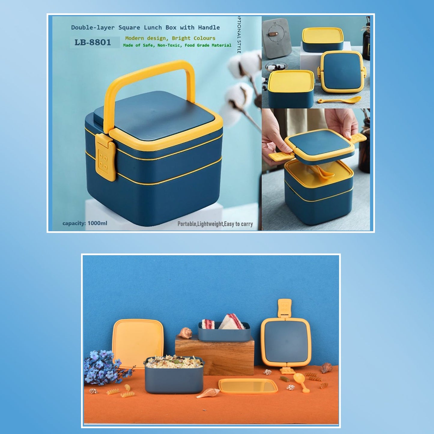 Blue Double - Layer Stackable Lunch Box with Handle & Spoon - Chestore