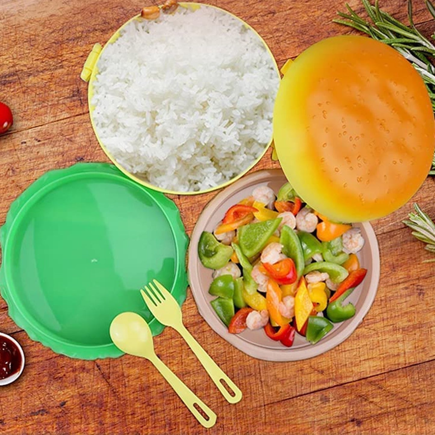 Burger Shape Double Layer Lunch Box – 1000ml with 2 Spoons - Chestore