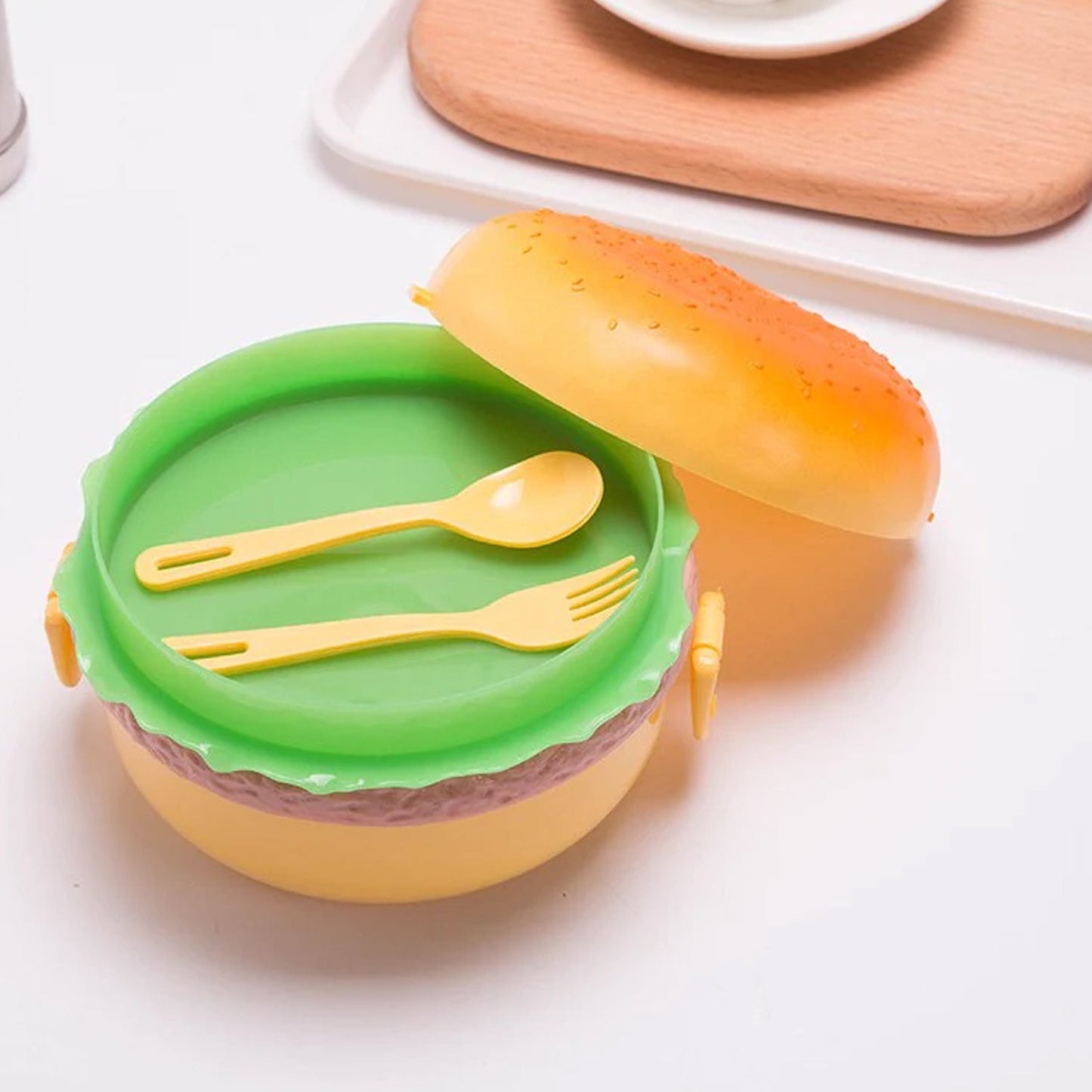Burger Shape Double Layer Lunch Box – 1000ml with 2 Spoons - Chestore