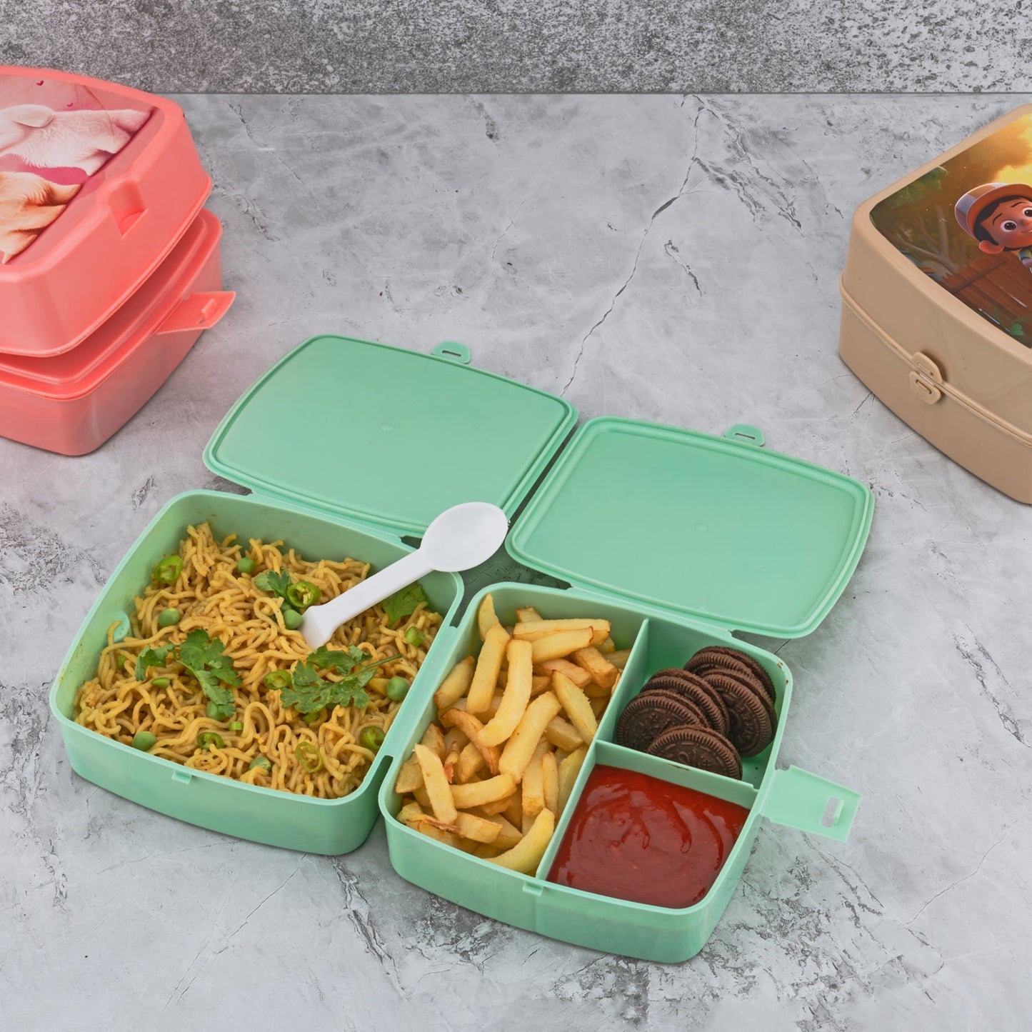 Double - layer Square Lunch Box – 4 Compartment Tiffin with Spoon - Chestore